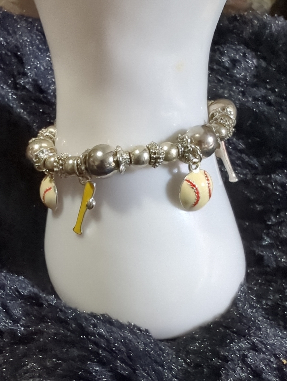 Baseball & Bat Charm Bracelet Silver Beads Heavy Stretch Cord New with tags